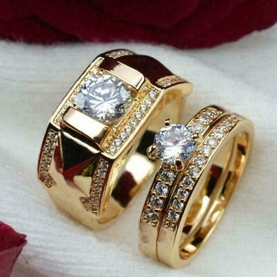 #ad Mens Women Trio Bridal Real Moissinaite Wedding Ring Set 14k Yellow Gold Plated $232.00
