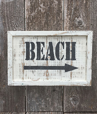 #ad BEACH Sign Rustic Farmhouse Decor Seaside Cabin Sits or Hangs Reclaimed Wood HP $15.99