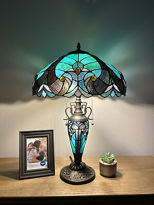 #ad Tiffany Style Table Lamp Green Stained Glass Liaison Mother Daughter Vase 24quot;H $209.99