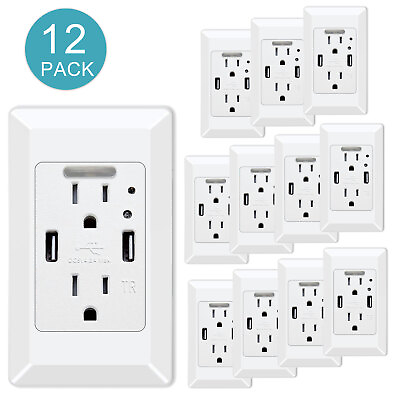 #ad 12 × LED Night Lighted Wall Outlet 4.2A Dual USB Port TR Receptacle Plug w Cover $168.99
