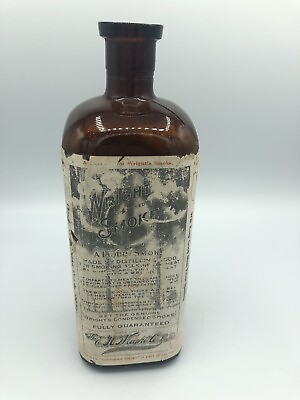 #ad Antique WRIGHT#x27;S Condensed Smoke Bottle w Paper Label 9.5quot; Amber Glass $14.99
