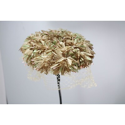 #ad Clover Lane Pillbox Hat Vintage Flowers Neutral Floral Netting Veil 89047 $18.75