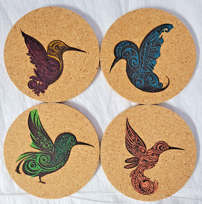 #ad Colorful Hummingbird Cork Coasters Laser Design Hand Painted and Inked 4in $20.00