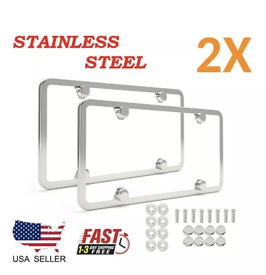 2Pcs Chrome Stainless Steel Metal License Plate Frame Tag Cover With Screw Caps $11.95