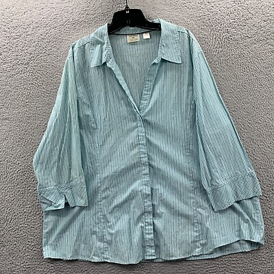#ad Riders by Lee Shirt Womens 3X Button Up Blouse Top Striped 3 4 Sleeve Blue* $12.95