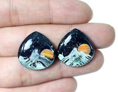 #ad Aurora Opal With Mountain Wood Carving Cabochon Match Pair Black Onyx Doublet $21.19
