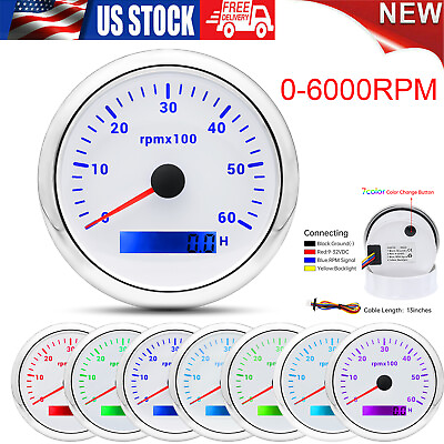 #ad 85mm Boat Tachometer Gauge 0 6000RPM 7 Colors LED Hourmeter For Marine Car Truck $28.11