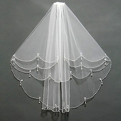 #ad New 2 Layer White Ivory Elbow Length Beads Edge Wedding Bridal Veil Comb $8.69