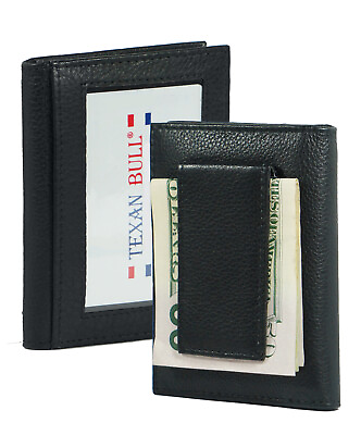 #ad Mens Genuine Leather Money Clip Wallet Magnetic Black ID Credit Card Holder MC18 $10.44