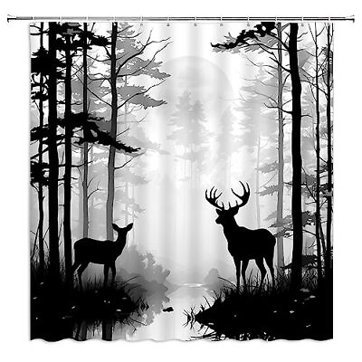 #ad Deer Shower Curtain Foggy Forest Wildlife Hunting Moon 70w x 70h inch Grey $33.85