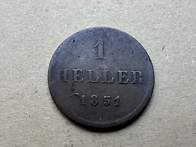 #ad 1851 German States 1 Heller Coin City Frankfurt 275K minted #XX10 $22.00