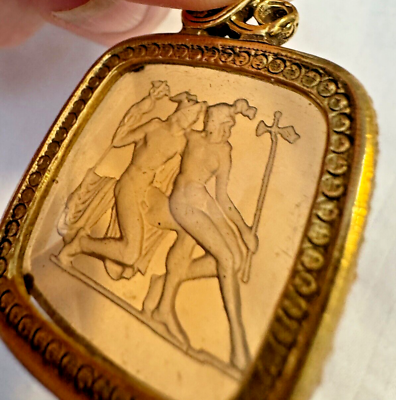#ad Vintage carved Amber Glass High Relief Full Nude full Figures Cameo Pendant $40.00