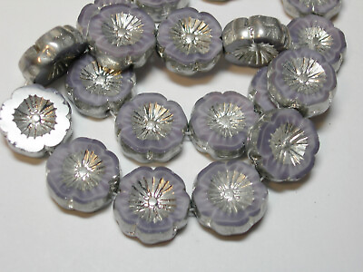 #ad 10 beads Pretty Lilac Purple with Silver Czech Glass Flower Beads 14mm $7.19