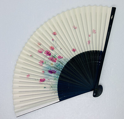#ad Vintage 1970s Japanese Carved Blue Wooden Hand Fan Flower Blossom Art Design 1 $41.99