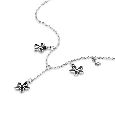 #ad 925 Sterling Silver Black Flower Pendant Clavicle Chain Necklace 14quot; for Women#x27;s $22.79