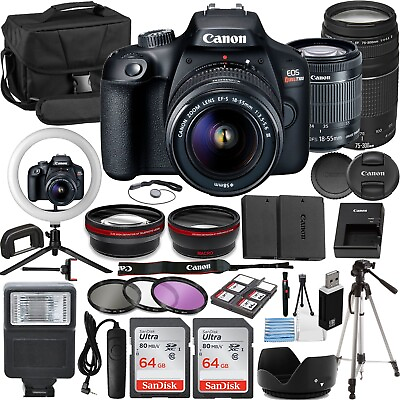 #ad Canon T100 Vlogger Kit: 18 55mm amp; 75 300mm Lenses2x64GB Card Ring Light More $698.00