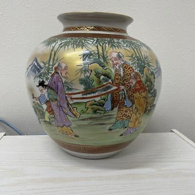 #ad Kutani Ware Light Cliff Vase Colored Picture Pottery Antique Gold Color R $124.10
