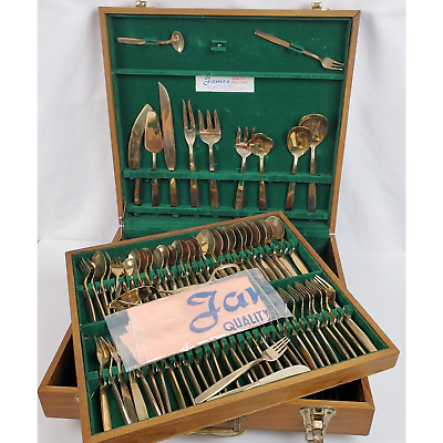 #ad Vintage Nickel Bronze Flatware SET James Jewelers Wood Box Kitchen amp; Bar 145 PC $285.00