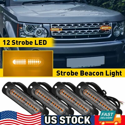 #ad 4x 12 LED Amber Truck Car Emergency Beacon Warning Hazard Flash Strobe Light Bar $15.63