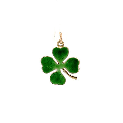 #ad 14k Yellow Gold Green Enamel Four Leaf Clover Charm Necklace Pendant 1.9g $287.99