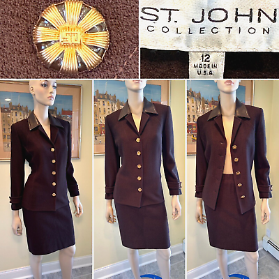 #ad Vtg ST JOHN Size 10 12 Large Brown Stretch Wool Knit amp; Leather Skirt Suit USA $249.99