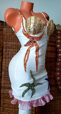 #ad Stunning Heavy Beaded Stretchy White Body Con Party Cocktail Mini Dress S M $31.99