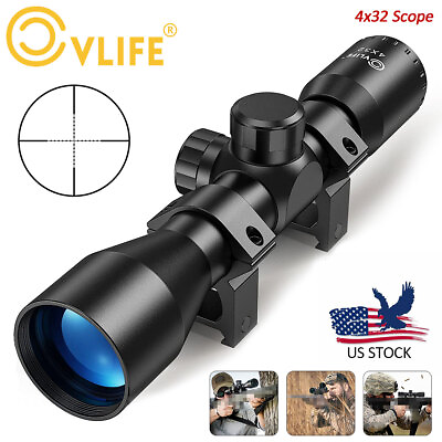 #ad CVLIFE 4x32 Compact Rifle Scope Crosshair Mil Dot Optics Hunting Scope w Mounts $25.99