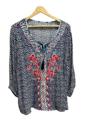 #ad Womens Sz 2X Embroidered Tunic Top Blouse Tie Neck Keyhole 3 4 Boho $12.99
