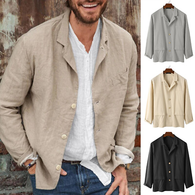 #ad Men#x27;s Lightweight Linen Cotton Jacket Summer Leisure Blazer Coat Breathable Soft $18.29