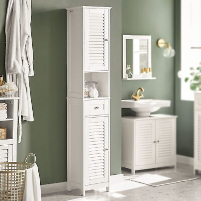 #ad Haotian White Floor Standing Tall Bathroom Storage Cabinet with Shelves and D... $133.96