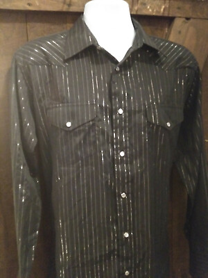 #ad Crazy Cowboy Men#x27;s Black w Silver Metalic Stripes Pearl Snap LS Shirt L XL $21.95