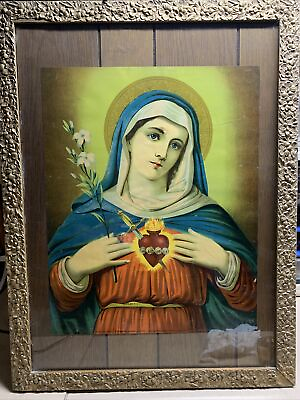 #ad ANTIQUE EARLY 20TH CENTURY SACRED HEART OF MARY Framed Gothic Hippie Retro $144.00