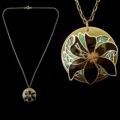 #ad Vintage Beautiful Cloisonne Enamel Black Flower Pendant Necklace $19.00