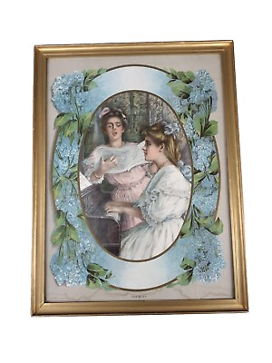 #ad 1910 Embossed Lithograph quot;The Duetquot; 2 Girls Piano Vignette Framed Local History $149.00