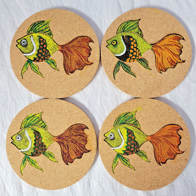 #ad Coastal Fish Cork Coasters Laser Designed Hand Painted and Inked 4in1 4 Thick $20.00