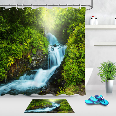 #ad 72quot; Polyester Fabric Shower Curtain Set Green Jungle Stream Waterfall Landscape $2.99
