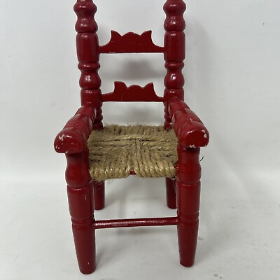 #ad Vintage Wooden Painted Red Ladder Back Woven Jute Seat Doll Arm Chair Furniture $19.95