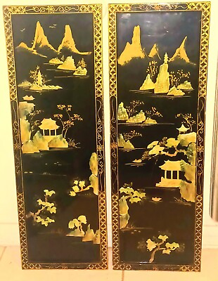 #ad Vintage Panel Oriental Asian Black Japanese Views Painted By Seashell $240.00