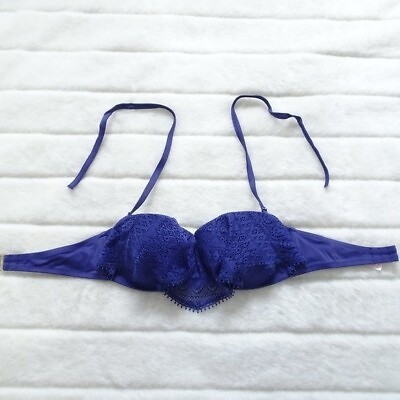 #ad Victoria#x27;s Secret Blue Halter Bikini Top Size 34D 2015 Underwire Push up $13.95