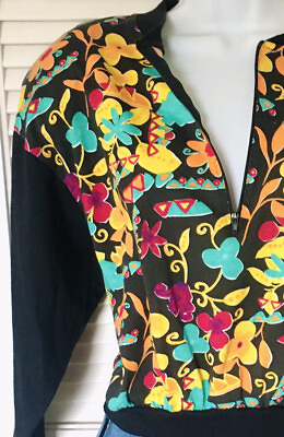 #ad Vintage Geometric Floral Bright Long Sleeve Crop Shirt Zipper Shoulder Pads 90s $11.00