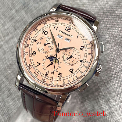 #ad #ad Corgeut 42mm Pink Dial Day Week Month Multifunction Automatic Mens Watch Leather $68.90