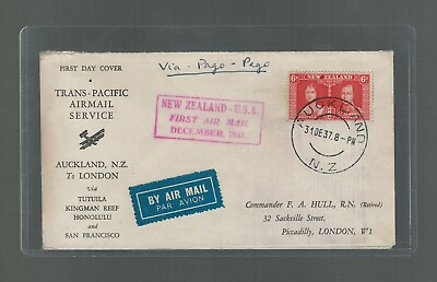 #ad New Zealand Airmail Cover Pan Am to London by Kingman Reef and Pago Pago 1937 $46.75