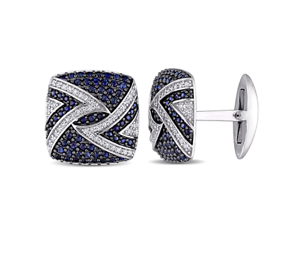 #ad Royal Blue Round Cut Sapphire With Sparkling White CZ Square Antique Cufflinks $235.00