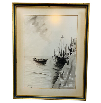 #ad Vintage Original 1969 Watercolor Painting Nautical Boat Dock Custom Framed Art $48.99