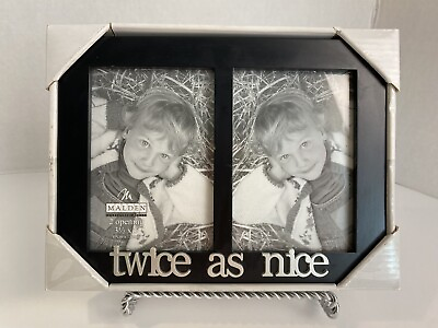 #ad Malden International Photo Frame “Twice As Nice” Twins 3.5”x5” Black Silver NIB $12.00