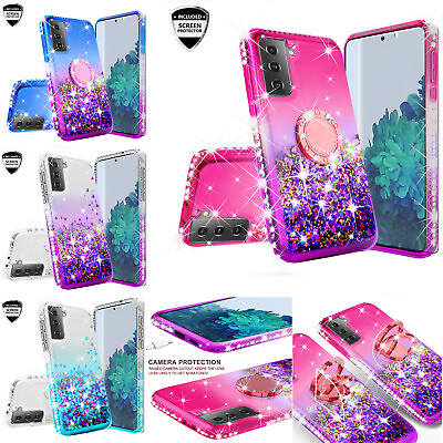 #ad For Galaxy S21S21 Liquid Glitter Diamond Ring Stand Case with Screen Protector $10.98
