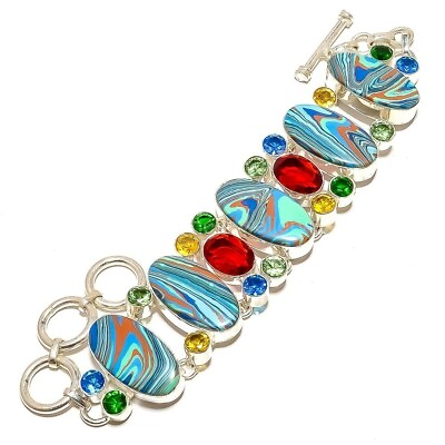 #ad Rainbow Calsilica Gemstone Jewelry Silver Plated Mum Gift Chain Bracelet 7.5quot; $27.45