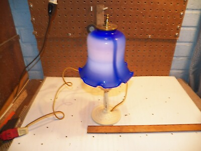 #ad Vintage Metal Ceiling Light Fixture Made Into Table Lamp w Blue Glass Shade $45.99