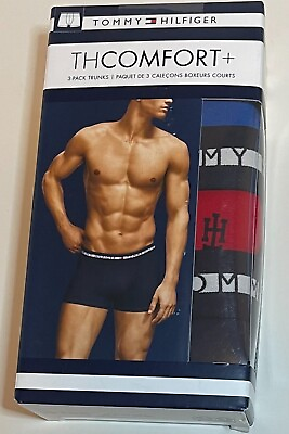 #ad New Tommy Hilfiger 3 Pack Trunks THComfort Blues Red with Logo Size Large $21.99
