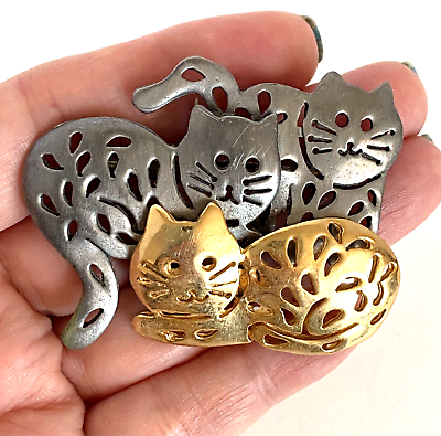 #ad 1970s Vintage Ultra Craft 3 Cats Cutouts Pin Brooch Pewter Gold Toned Signed $11.95